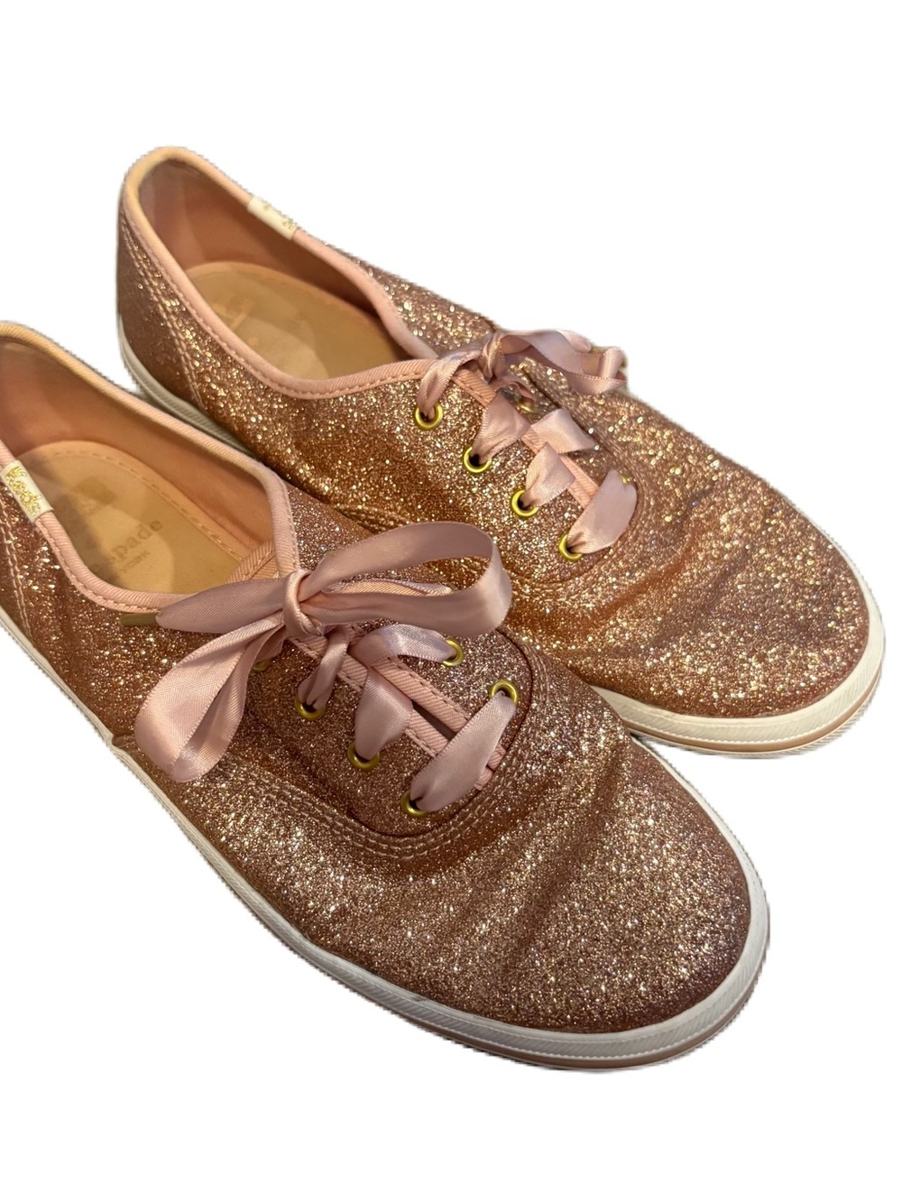 Kate Spade Keds Rose Gold Glitter Sneakers with Satin Ribbon Laces Sz 9 Pink